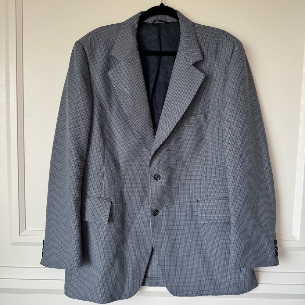 Men's Dobbs Clothes Blazer‎ Jacket Blue & Brown Houndstooth Pattern Size 46 Long